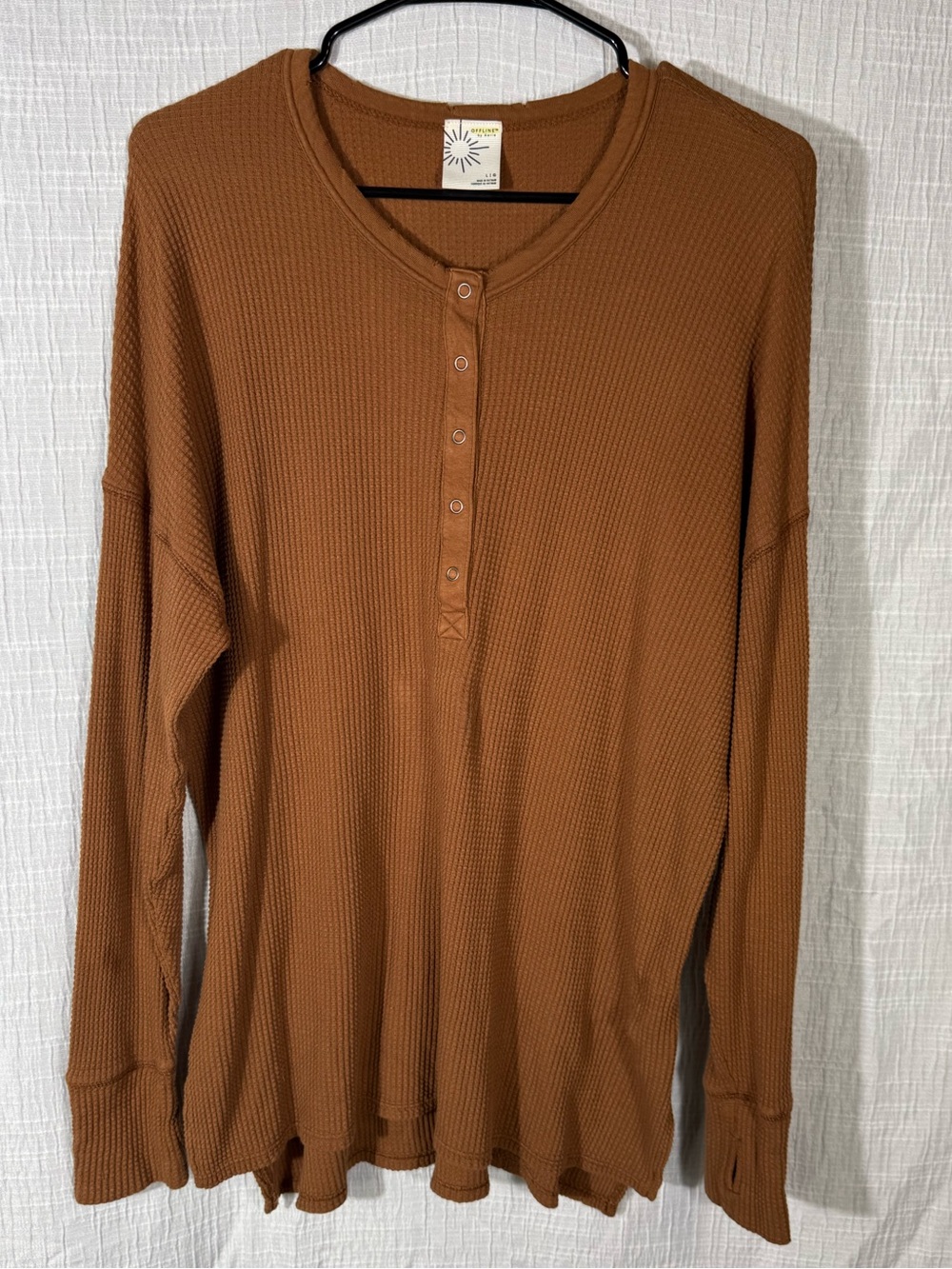 OFFLINE by Aerie Waffle Knit Long Sleeve Henley Top in Brown - Size Large